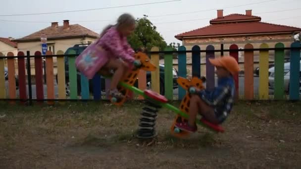 Happy Little Boy Girl Having Fun Playground — Stock Video