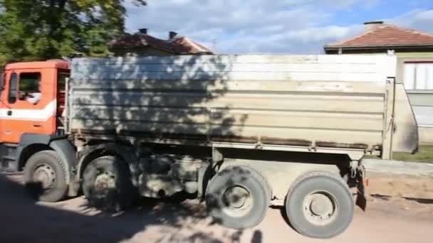 Large Construction Truck Delivering Stone Road Asphalting — Stockvideo