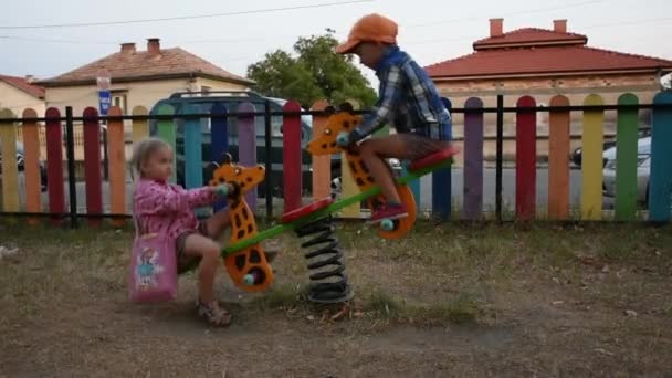Happy Little Boy Girl Having Fun Playground — Video