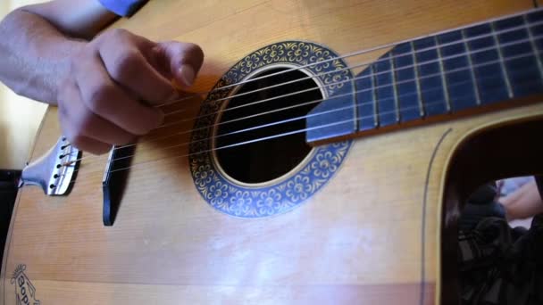 Man Playing Wooden Acoustic Guitar — Stock videók