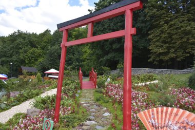 Çiçeklerin ve manzaranın güzel kompozisyonu