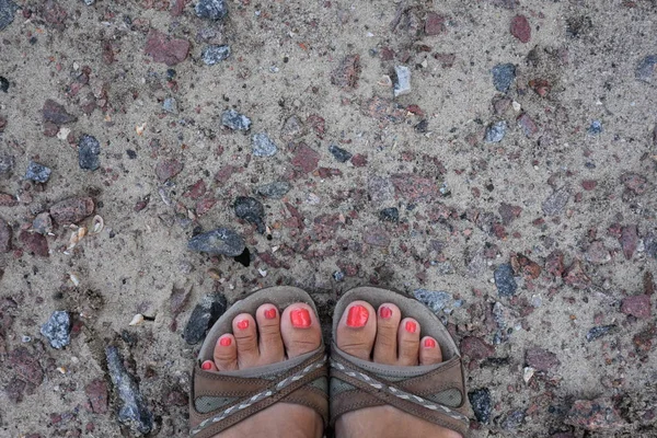 Closeup Female Legs Red Pedicure — Photo