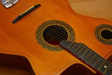 Close up shot of six string acoustic guitar 