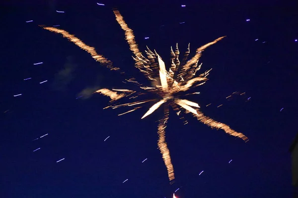 Buntes Unkonzentriertes Feuerwerk Explodiert Der Nacht — Stockfoto