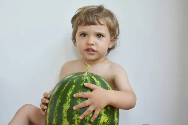 Cute Boy Holding Watermelon Isolated White Background — ストック写真