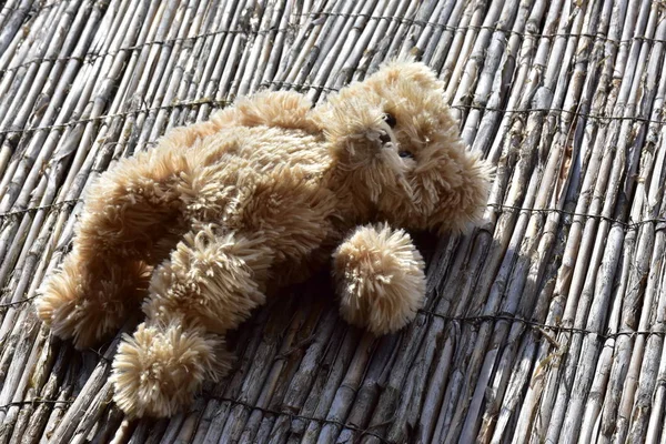 Closeup of fluffy teddy bear toy laying on willow fence