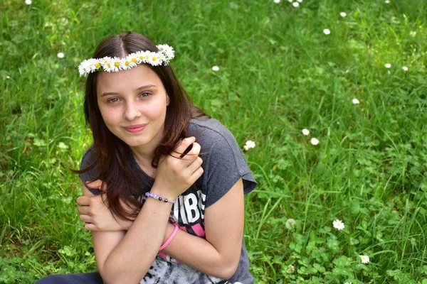 Porträt Eines Mädchens Mit Einem Kranz Aus Gänseblümchen Auf Dem — Stockfoto