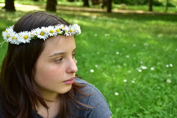 Retrato Menina Com Uma Grinalda Margaridas Cabeça — Fotografia de Stock