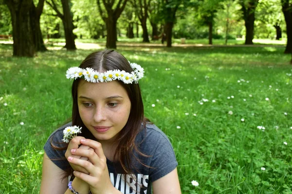 Portret Van Meisje Met Een Krans Van Madeliefjes Haar Hoofd — Stockfoto