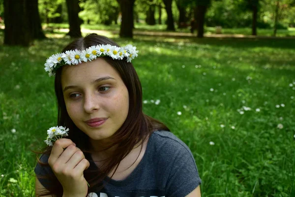  Kafasında papatya çelengi olan bir kızın portresi