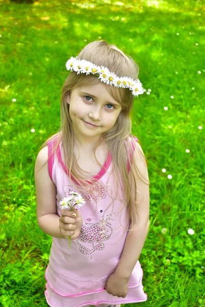 Retrato Una Niña Pequeña Con Una Corona Margaritas Cabeza —  Fotos de Stock