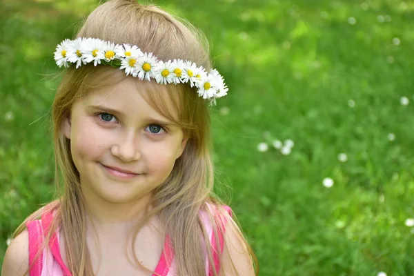 Retrato Una Niña Pequeña Con Una Corona Margaritas Cabeza —  Fotos de Stock