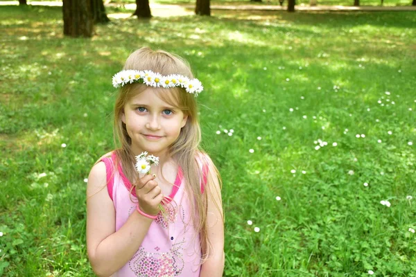 Başında Papatyalar Bir Çelenk Ile Küçük Bir Kızın Portresi — Stok fotoğraf