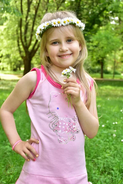 Portret Van Een Klein Meisje Met Een Krans Van Madeliefjes — Stockfoto