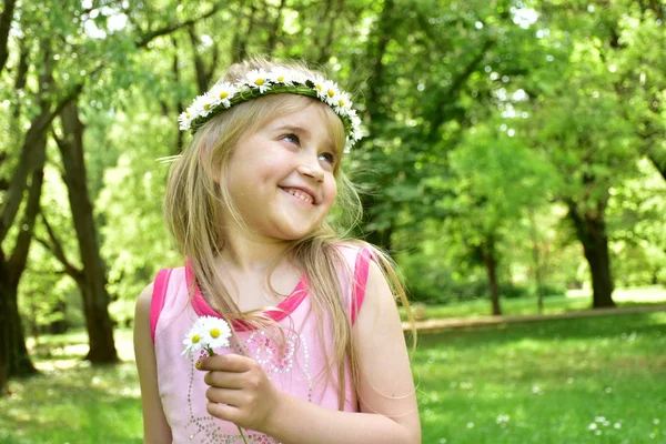 Retrato Una Niña Pequeña Con Una Corona Margaritas Cabeza —  Fotos de Stock