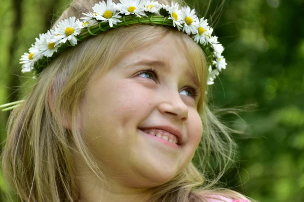 Retrato Una Niña Pequeña Con Una Corona Margaritas Cabeza —  Fotos de Stock