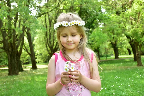 Retrato Una Niña Pequeña Con Una Corona Margaritas Cabeza —  Fotos de Stock