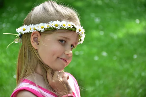 Portret Meisje Met Een Krans Van Madeliefjes Hun Hoofden — Stockfoto