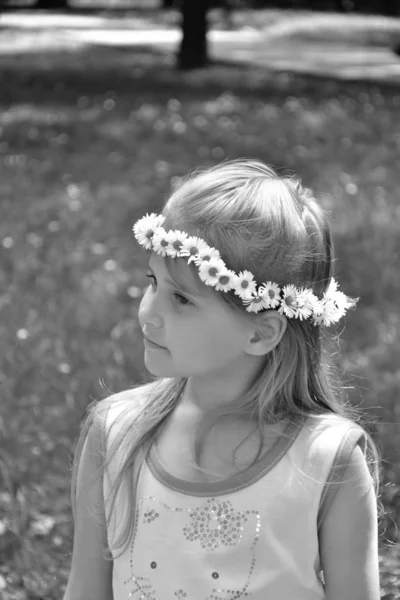 Retrato Preto Branco Duas Meninas Com Uma Coroa Margaridas Suas — Fotografia de Stock