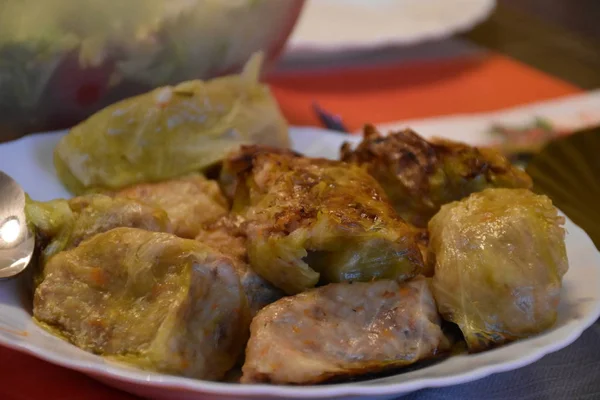 Closeup Homemade Stuffed Cabbage Rolls Served Plate — Fotografia de Stock