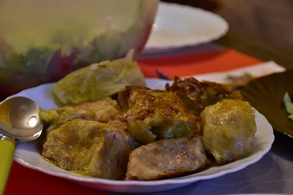 Closeup Homemade Stuffed Cabbage Rolls Served Plate — Fotografia de Stock