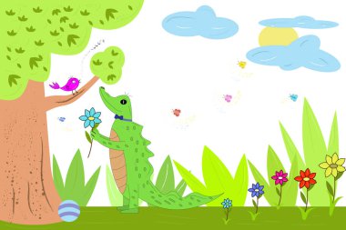 Bir timsah kuşa çiçek verir.,