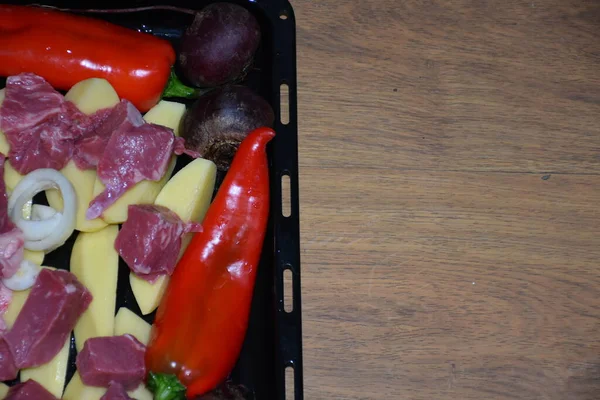 Carne Legumes Antes Assar — Fotografia de Stock