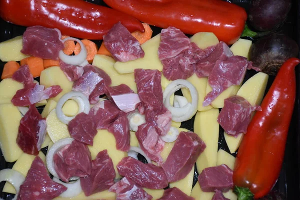 Carne Legumes Antes Assar — Fotografia de Stock