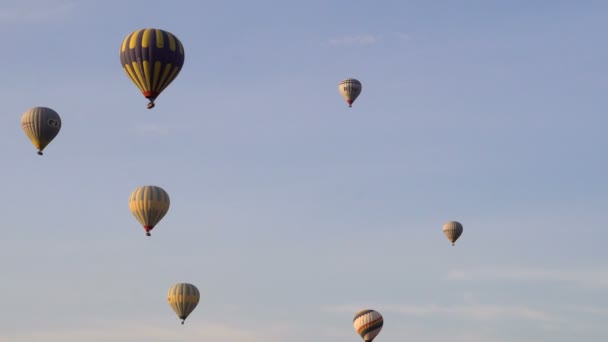 TURQUÍA, GOGEME - 20 DE MAYO. Muchos globos aerostáticos volando sobre valles en Goreme, Turquía. Turistas de todo el mundo vienen a Capadocia para hacer un viaje en globos aerostáticos . — Vídeos de Stock