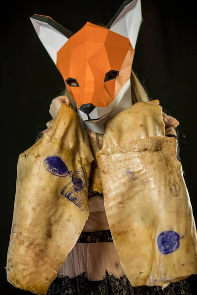 Blonde Girl with Fox Mask paper Using Pig Skin for Covering.