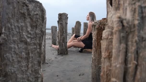 Jeune femme blonde assise entourée de piquets sur la côte de sel Firth, ciel nuageux — Video