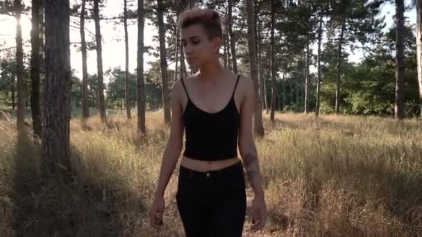 Genç oldukça Punk kız yaka ve siyah kumaş pembe saçlı günbatımı zaman çam ormanda yürüyüş — Stok video