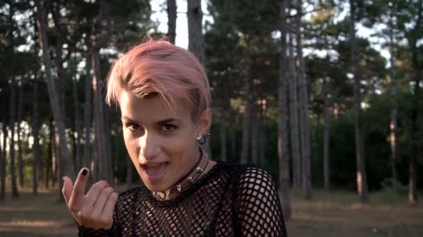 Jeune jolie fille punk dans le col et le filet. Fille aux cheveux roses marchant dans la forêt de pins au coucher du soleil — Video