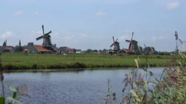 Geleneksel Hollanda yel değirmenleri Zaanse Schans'a, Hollanda. Turistik köyü yakınında yel değirmenleri ile Amsterdam ve tarihi Hollanda evleri