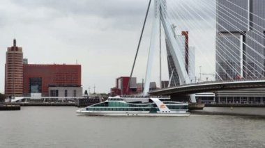 Yeni Modern Nieuwe Maas Rotterdam, Hollanda üzerinden Erasmus Köprüsü altında geçen tekne.