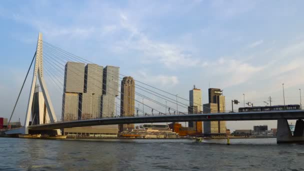 Evening Timelapse of Rotterdam Cityscape and Erasmus bridge over Nieuwe Maas. Rotterdam, Países Bajos — Vídeos de Stock