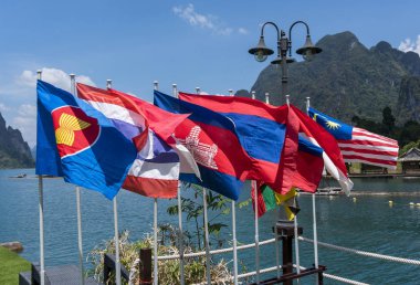 Güneydoğu Asya ülkelerinin ulusal bayrakların görünümü. Brunei Sultanlığı, Myanmar Burma, Kamboçya, Endonezya, Laos, Malezya, Filipinler, Singapur, Tayland, Vietnam, Doğu Timor. Doğa arka plan