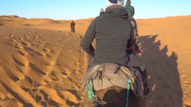 Deve binici Fas, Afrika Erg Chebbi çölündeki kum çölünden yürüyor. Sabah çölde turistler Caravan.