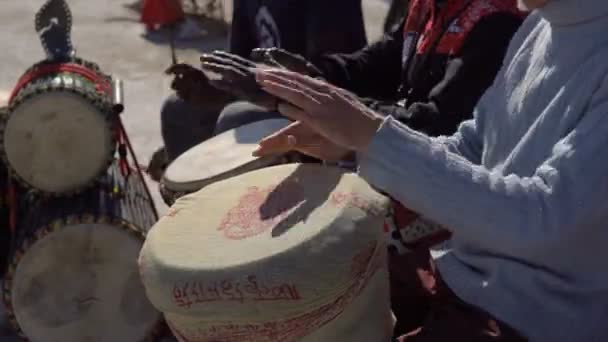 Händerna på gamla vita kaukasiska man med svarta afrikanska slagverk spelare marockanska killar spelar rytm med Djembe trumma Bongo på torget — Stockvideo