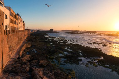 Atlantik Okyanusu kıyısında Fas Essaouira üzerinde Fort sahil manzaralı günbatımı