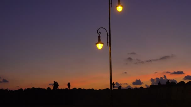 Silhuetas incríveis de pessoas passeando luz de fundo ao pôr do sol — Vídeo de Stock