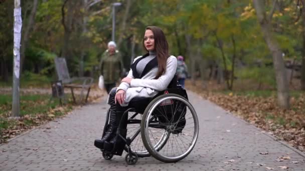 Timelapse cinemagraph. La chica inválida se sienta en la silla de ruedas en el parque de otoño — Vídeos de Stock