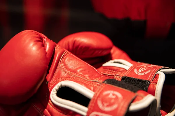Pair of red boxing gloves in Boxing ring — Stock Photo, Image