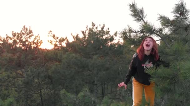 Ενεργό σπορ άγριο κοκκινομάλλα κορίτσι σκαρφαλώνουν στην κορυφή του πεύκου. Εναέρια shot δάσος κωνοφόρων — Αρχείο Βίντεο