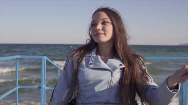 Fiatal fogyatékos nő kerekesszékkel pihenő a tenger közelében a rámpa a fogyatékkal élők számára — Stock videók