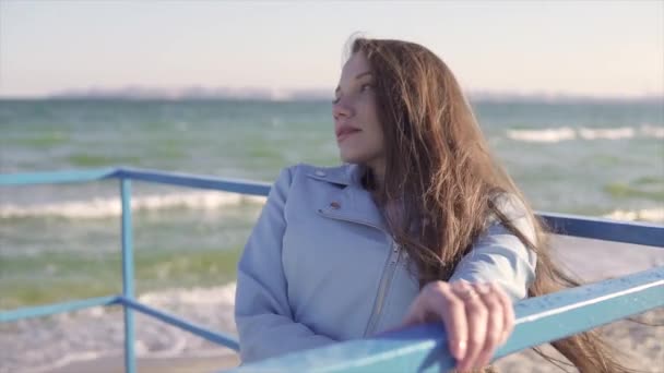 Jonge gehandicapte vrouw in rolstoel rusten in de buurt van de zee op de oprit voor mensen met een handicap — Stockvideo