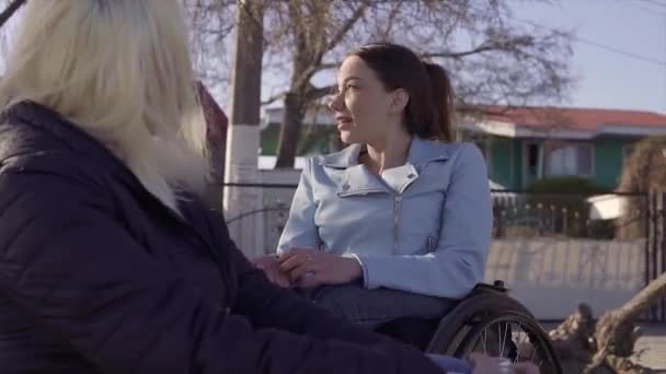 Сімейне дозвілля. Молода жінка з інвалідністю у інвалідному візку розмовляє зі своєю матір'ю, сидячи біля моря — стокове відео