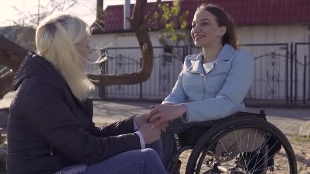 Familienfreizeit. junge behinderte Frau im Rollstuhl spricht mit ihrer Mutter, die am Meer sitzt und sich gegenseitig an den Händen hält