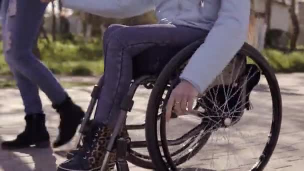 Family leisure. Young disabled woman in wheelchair with her mother walking near the sea, speaking and having fun — Stock Video