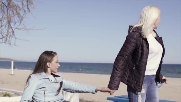 Семейный отдых. Молодая женщина-инвалид в инвалидной коляске с матерью, идущей к морю, говорящей и развлекающейся — стоковое видео
